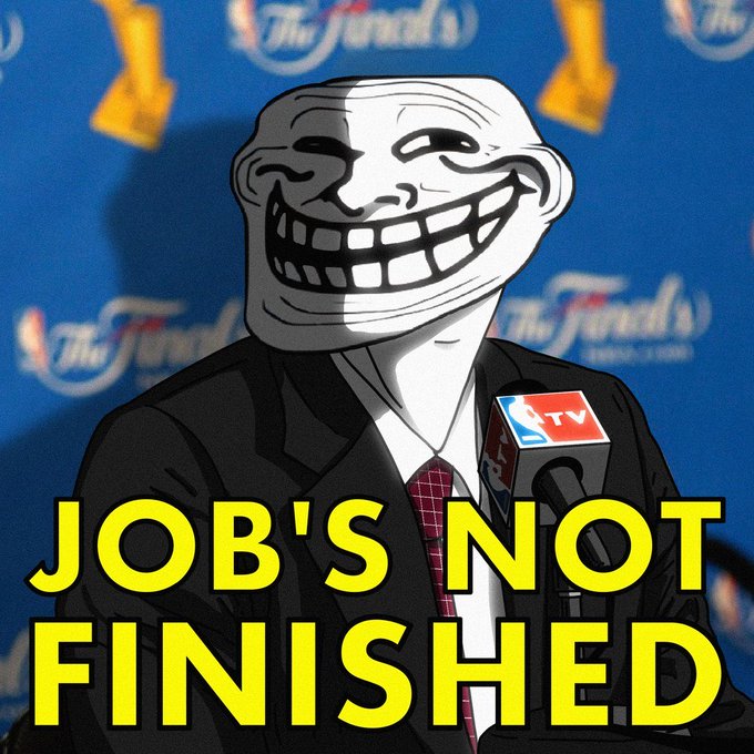 A troll face meme over a news reporter image with the text 'JOB'S NOT FINISHED' in yellow, referencing the Frederick's of Hollywood backdrop.