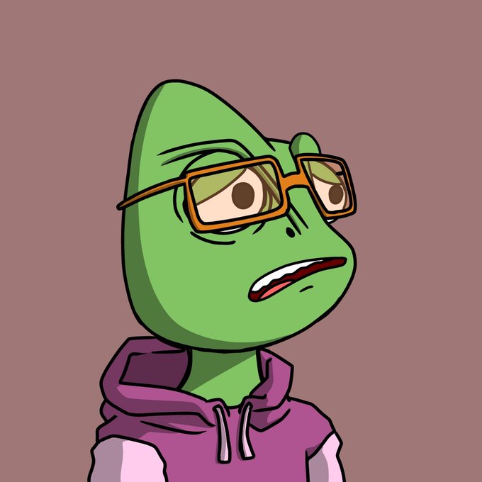 Digital illustration of a green Pepe-like character wearing orange-rimmed glasses and a purple hoodie against a muted background.