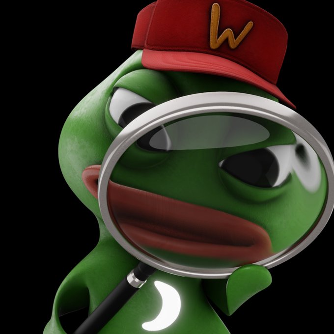 Digital illustration of a green Pepe-style character wearing a red cap with a gold 'W' logo and holding a large magnifying glass.
