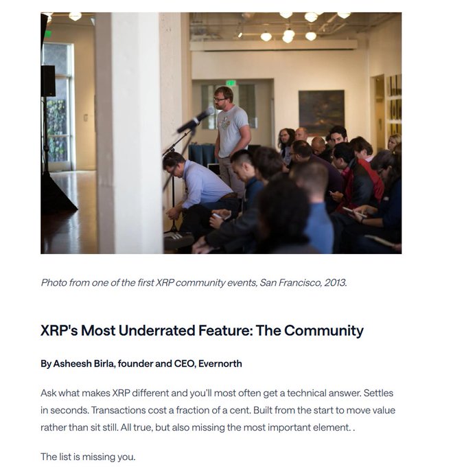 An article titled 'XRP's Most Underrated Feature: The Community' by Asheesh Birla, founder and CEO of Evernorth, featuring a photo captioned 'Photo from one of the first XRP community events, San Francisco, 2013.'