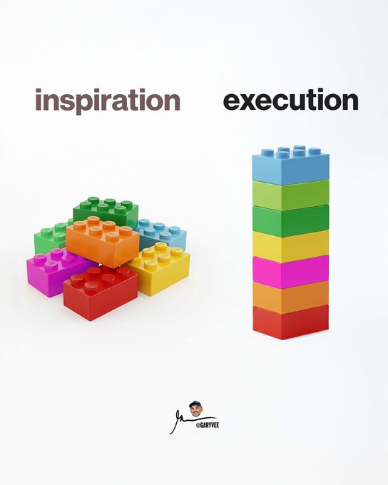 A humorous meme showing colorful building blocks scattered in a pile labeled 'inspiration' on the left, and the same blocks stacked perfectly into a tower labeled 'execution' on the right, credited to @BABYEE.