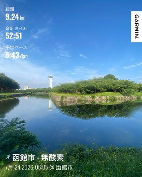 A Garmin run summary shows 9.24 km with a 52:51 total time and 5:43 /km average pace, overlaid on a photo of a pond and water tower in 函館市 - 無酸素 taken on July 24, 2026 at 06:05.