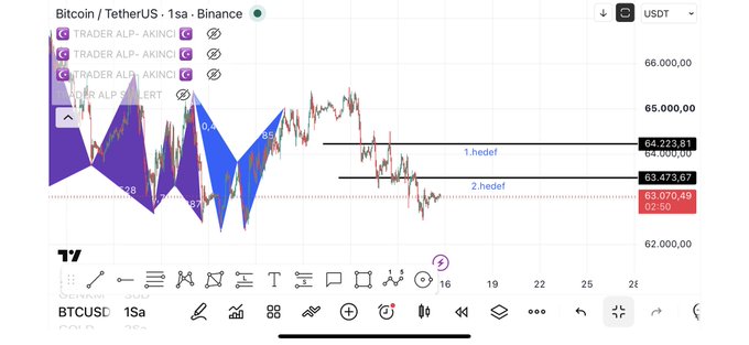 The image shows a Bitcoin/TetherUS (BTCUSDT) candlestick chart on a 1-second timeframe from Binance, displaying multiple "TRADER ALP" alert markers and harmonic pattern annotations, with key price levels marked including "1.hedef" at $64,223.81, "2.hedef" at $63,473.67, and the current price at $63,070.49 — visually confirming the post's claim that Bitcoin reached its 2nd downside target.