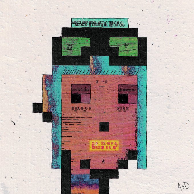 A mixed-media collage artwork featuring a stylized figure with flag-like rectangular panels labeled 'DRAGON' and 'PUNK,' green squares at the top, a yellow 'no Kiss' sticker, and 'A+D' signed in the lower right corner.