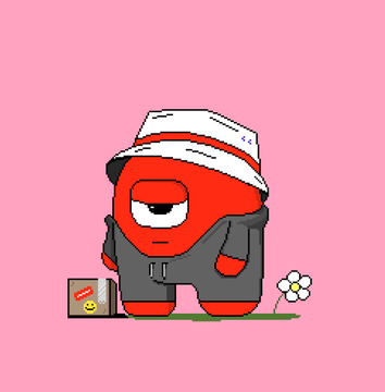 A red Among Us character wearing a bucket hat stands with hands on hips next to a briefcase and flower on a pink background, humorously illustrating the post's caption about what the user will be doing today—minting Gloombles and NesoArts NFTs on Ethereum.