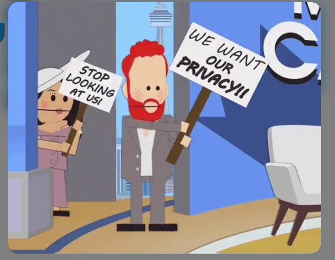 A South Park-style cartoon showing two characters holding protest signs reading 'STOP LOOKING AT US!' and 'WE WANT OUR PRIVACY!!' in a studio setting.