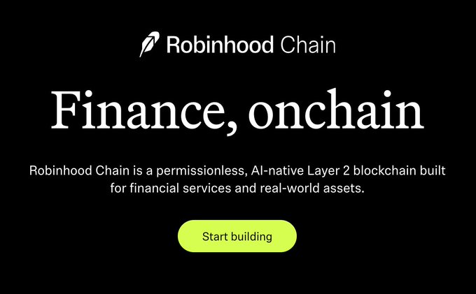 The image displays a promotional banner for "Robinhood Chain" with the tagline "Finance, onchain," describing it as a permissionless, AI-native Layer 2 blockchain for financial services and real-world assets, featuring a "Start building" call-to-action button. It serves as the official branding/marketing visual accompanying the post announcing Robinhood Chain's $36M TVL milestone and its early integrations with major DeFi protocols like Uniswap, Aave, and Ethena.