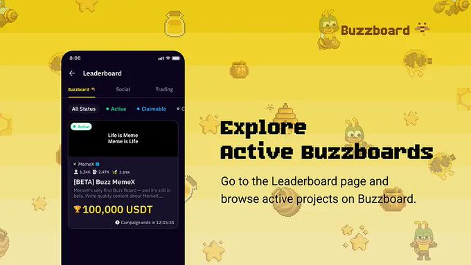 BLEUBOARD app displays a yellow background with white text and cartoon characters, promoting active buzzboards for $1 USDT.