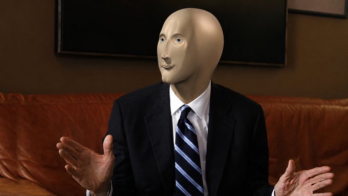 A surreal image of a man in a black suit and striped tie sitting on a brown leather couch, but his head is replaced by a smooth, expressionless mannequin-like face.