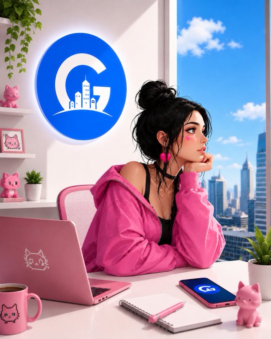 A stylish young woman in a pink hoodie sits at a workspace with a pink Hello Kitty-themed laptop, surrounded by cat figurines, plants, and a phone displaying the "G" logo, while looking out at a city skyline. The "G" branding in the background matches the "Gm" (good morning) greeting, fitting the post's cheerful message to builders and citizens before a snapshot.