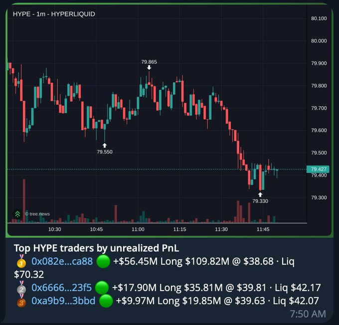A financial chart shows the 1-minute price action for HYPE on HYPERLIQUID, with the price declining from 79.865 to 79.330, and a list of top traders by unrealized PnL below.