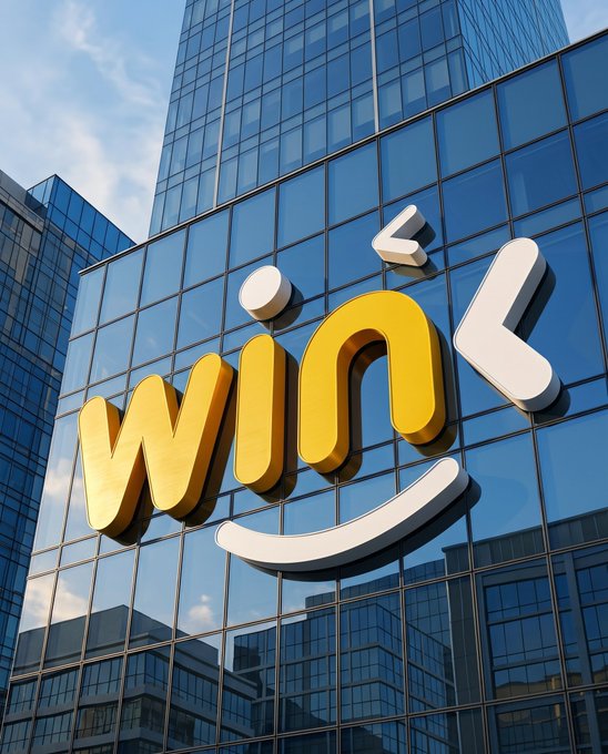 A 'WIN' logo designed in yellow and white 3D letters mounted on the glass facade of a modern blue skyscraper.