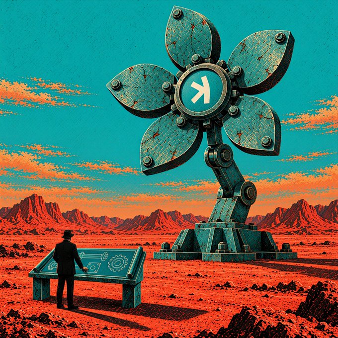 A lone figure in a bowler hat stands at a control panel facing a massive, rusted fan turbine marked with a "K" emblem, set against a stark red Martian landscape and turquoise sky. The image evokes Kaspa's frontier spirit, suggesting its developers are exploring bold, unfamiliar territory to build surprising new applications on the network.