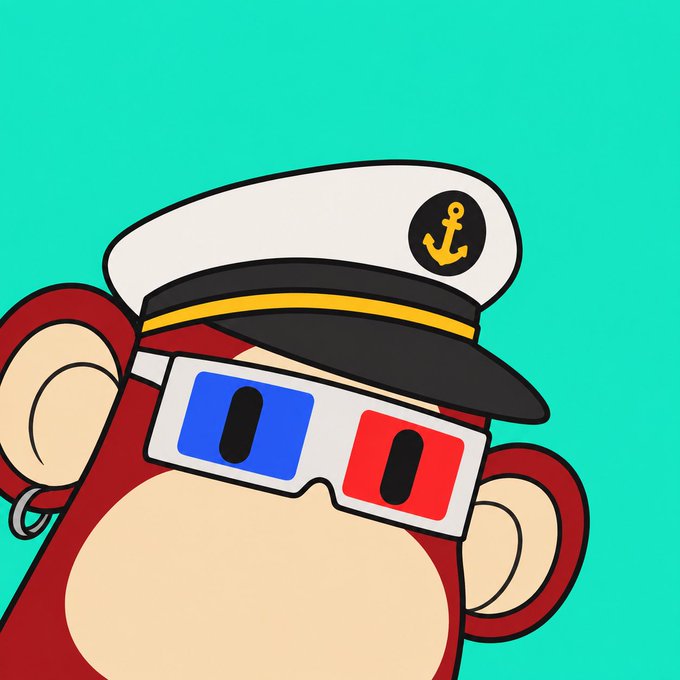 Cartoon illustration of a red monkey wearing a white captain's hat with an anchor emblem and 3D glasses against a teal background.