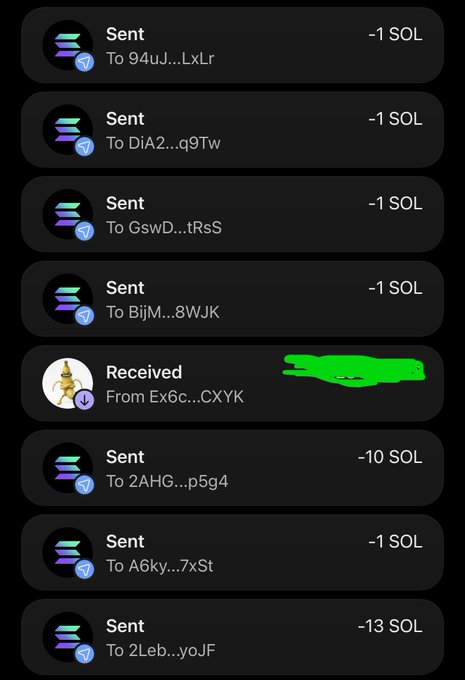This image shows a cryptocurrency wallet's transaction history, with multiple "Sent" transactions of -1 SOL, -10 SOL, and -13 SOL, and one "Received" transaction, all on the Solana blockchain. This visually confirms the post's claim of Ansem airdropping Solana to various wallets.