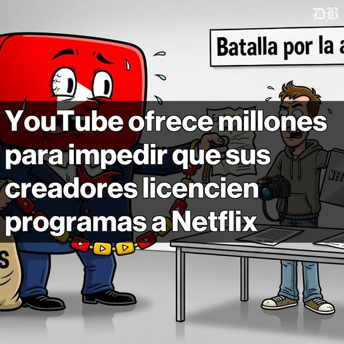 A cartoon illustration of a stressed anthropomorphic YouTube logo sweating and holding a money bag, facing a young creator with a camera, overlaid with the Spanish text 'YouTube ofrece millones para impedir que sus creadores licencien programas a Netflix' and 'Batalla por la a...'.