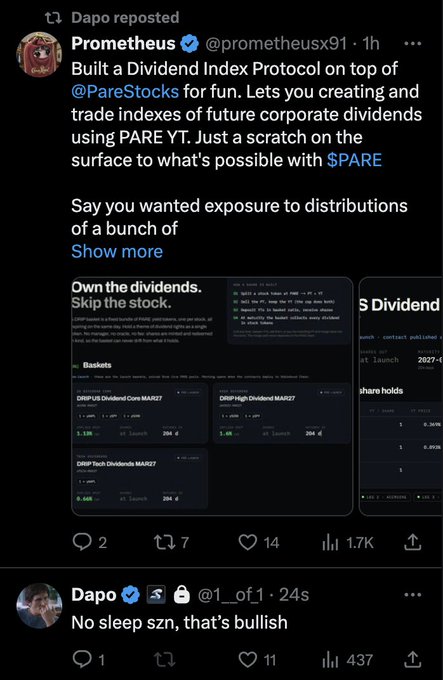 A screenshot of a Twitter/X repost by Dapo showing Prometheus's post about building a Dividend Index Protocol on @PareStocks, with dashboard previews showing indexes like "DRIP US Dividend Coins MAR27" ($1.13K, 41 launch, 204 holders) and "DRIP High Dividend MAR27" ($1.4K). The accompanying "one of the 🐐s is in" comment celebrates Dapo's resharing of Prometheus's project.