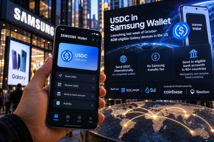 A promotional graphic for Samsung Wallet launching USDC support in the last week of October for 82M eligible Galaxy devices in the US, showing a phone with the USDC app and global network connectivity.