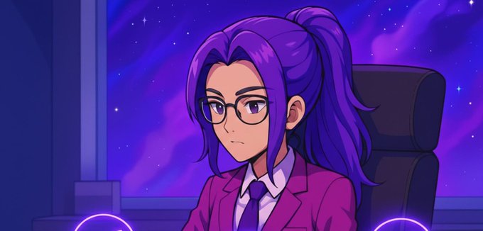 An animated character with purple hair tied in a ponytail, wearing glasses and a magenta suit jacket with a tie, set against a starry purple night sky.