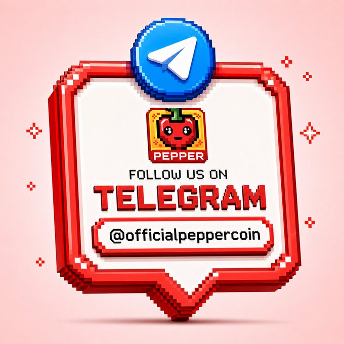 Pixel art style promotional badge for Pepper Coin on Telegram, featuring the Telegram logo and '@officialpeppercoin' handle on a red and white shield.