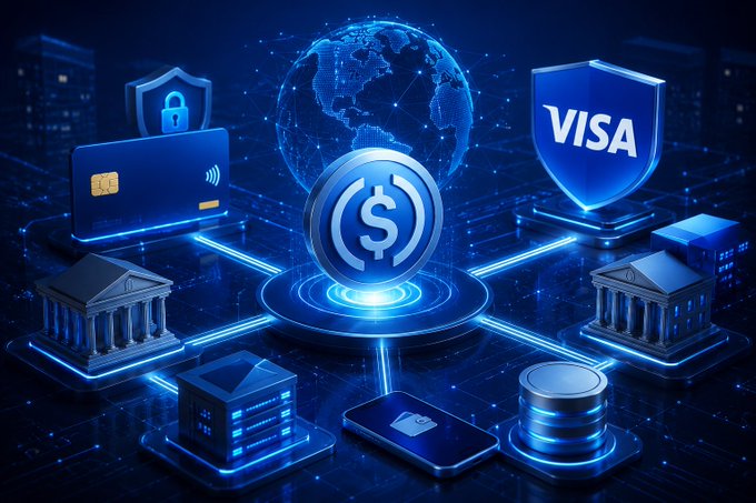 A digital illustration showcases a glowing blue scene featuring a credit card, a shield labeled "VISA," a lock icon, a dollar sign medallion, classical bank buildings, and a wireframe globe—symbolizing Visa's new Stablecoin Platform (VSP) that enables banks and fintechs to launch blockchain-based payment services securely and globally.
