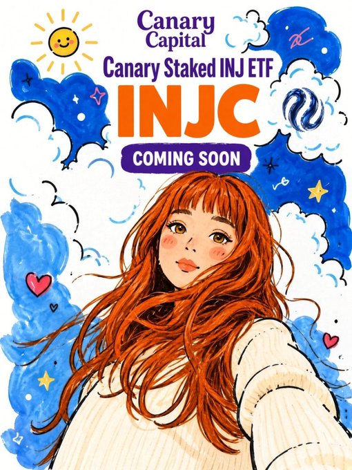 A vibrant illustration of a red-haired anime-style girl set against a blue cloud background, advertising 'Canary Capital Canary Staked INJ ETF INJC COMING SOON.'