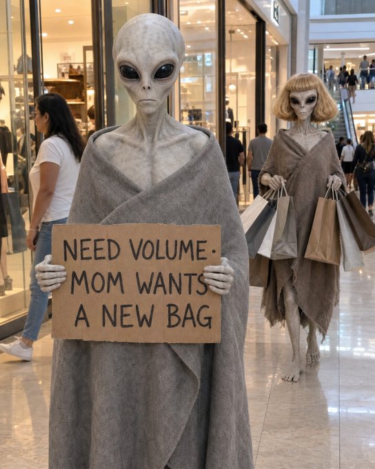 Two figures dressed as aliens in tattered gray robes walk through a shopping mall, with one holding a cardboard sign reading 'NEED VOLUME. MOM WANTS A NEW BAG.'