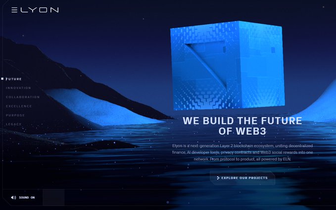 A promotional graphic for 'ELYON' featuring a blue 3D cube with a lightning bolt, with the tagline 'WE BUILD THE FUTURE OF WEB3' and a navigation menu including Future, Innovation, and Legacy.