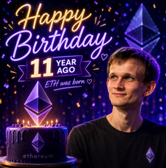 A birthday graphic celebrating Ethereum's 11th anniversary features a young man in an Ethereum t-shirt next to a chocolate cake decorated with the Ethereum logo, with text reading "Happy Birthday 11 YEAR AGO ETH was born".