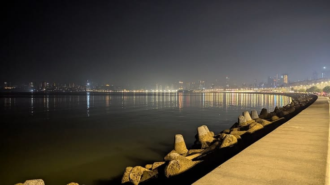 Nighttime photograph of a city skyline reflecting on a calm body of water, with concrete tetrapods lining the shore in the foreground.