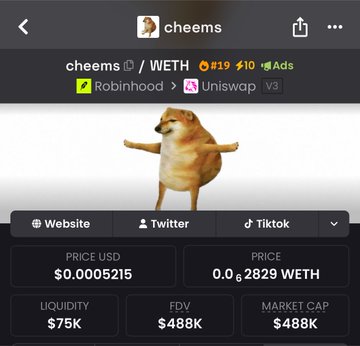 A mobile screenshot of the "cheems" meme token trading page on a crypto app, showing a price of $0.0005215 and 0.002829 WETH on Uniswap V3, paired with the iconic Cheems dog image standing with outstretched arms. The post's message about pushing the dog "beyond, higher" aligns with the visible low price and $75K liquidity, suggesting the author is rallying support to pump the token's value toward a million-dollar milestone.