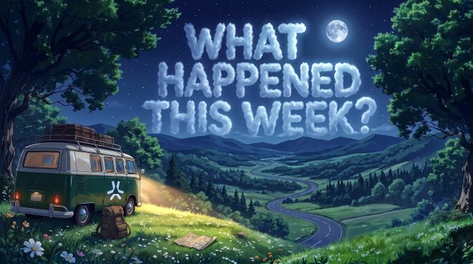 A vintage green van parked on a moonlit hilltop overlooks a vast landscape, with cloud-formed text reading "WHAT HAPPENED THIS WEEK?" floating in the night sky. The scene evokes a sense of reflection and discovery, fitting the post's recap of Abstract Chain's weekly highlights, including announcing the Abstract All-Star @Jordan23Zk and the growing strength of the Abstract Portal narrative.