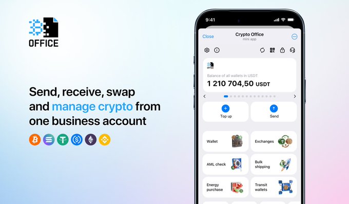 A promotional graphic for the 'OFFICE' crypto app featuring a smartphone displaying the 'Crypto Office' interface with a USDT balance of 1 210 704,50, alongside text reading 'Send, receive, swap and manage crypto from one business account' and logos for Bitcoin and other cryptocurrencies.