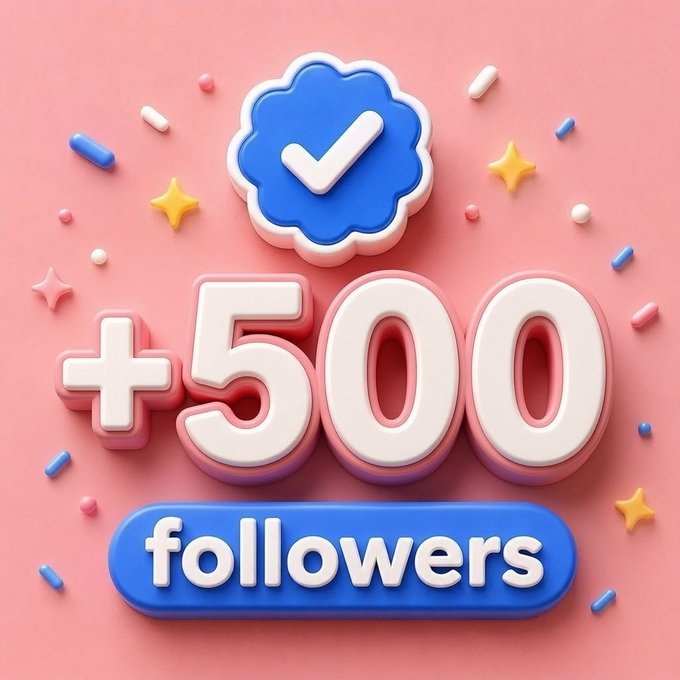 A colorful 3D-rendered graphic celebrating '+500 followers' with a blue checkmark badge, decorative stars, and confetti on a pink background.