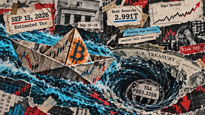 A collage-style illustration features a Bitcoin paper boat navigating a stormy sea of financial chaos, with visible text including "SEP 15, 2026 Estimated Tax," "Bank Reserves 2.991T," and "Risk Off."