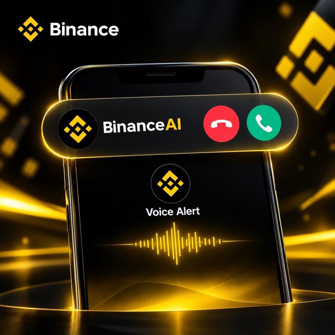 A 3D render of a smartphone displaying a 'Binance AI Voice Alert' interface with accept/decline buttons and a sound wave graphic, branded with the 'Binance' logo.