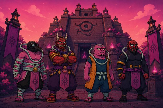 The image features four cartoon characters standing next to each other with a castle in the background. The characters are dressed in colorful outfits that include red, orange, blue, and purple colors. The text "CARDANO HOLDERS—THIS ONE'S FOR YOU We're giving away 10 KONGO NFTs on Ethereum to 10 lucky Cardano holders." This suggests that there is a contest or giveaway going on where people can win digital items by entering their Ethereum wallet address, and the characters in the image are likely participating.