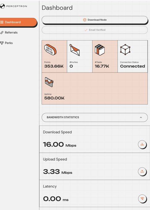 A dashboard interface for 'PERCEPTRON' showing connection status 'Connected', Points (353.66K), Invites (0), Tasks (16.77K), and bandwidth statistics including Download Speed (16.00 Mbps), Upload Speed (3.33 Mbps), and Latency (0.00 ms).