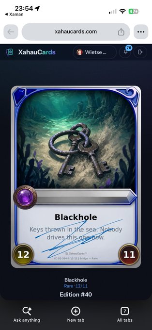 Mobile screenshot of xahaucards.com showing a digital trading card titled 'Blackhole' with the description 'Keys thrown in the sea. Nobody drives this one now.', with stats 12 and 11, marked as Rare 12/11 from Edition #40.