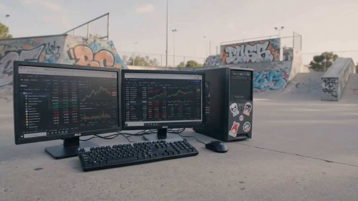 In this image, a computer setup consisting of two monitors, one placed on top of the other behind another smaller screen or monitor, is set up outside on a concrete surface within an area with graffiti-covered buildings, possibly a skate park. The computer setup appears to be positioned in front of a skateboard ramp. A keyboard and mouse can be seen on the left side of the image. This scene suggests that someone has brought their computer work or gaming experience into an urban environment where they might also engage in other activities such as skateboarding.