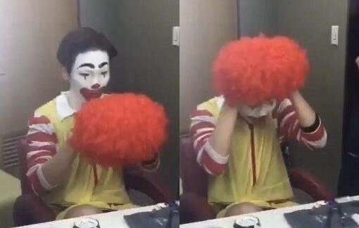 A side-by-side meme of a person in clown makeup and a yellow shirt with red sleeves, first holding a red clown wig in front of them and then shoving it into their face.