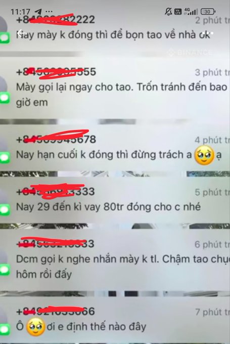 A screenshot of a Vietnamese text message conversation showing several angry messages with phone numbers redacted, discussing avoiding a storm and demanding repayment of an 80 million dong loan.