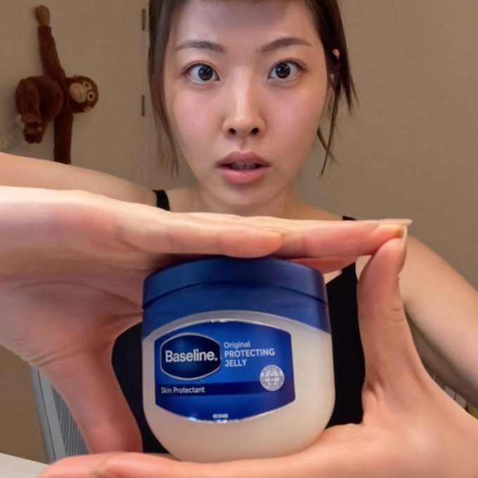 A woman holds up a jar of "Baseline Original Protecting Jelly" skin protectant toward the camera, promoting the product as a viral hit. The post humorously compares the skincare item's massive viewership to a financial investment opportunity, with the double-meaning "lubed up" playing on both moisturizing and trading slang.