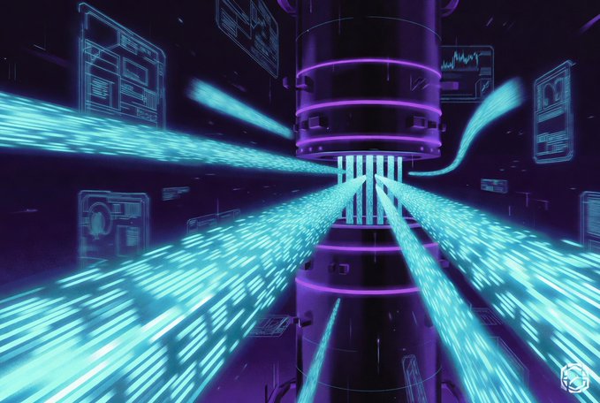 A glowing purple and cyan data transmission beam shoots from a central cylindrical structure, surrounded by floating holographic UI panels displaying analytics and charts. The futuristic digital aesthetic mirrors the post's themes of sleepless crypto analysis and anticipation of a market-moving oracle report, with the energy beams symbolizing the intense data flow the trader is monitoring for the next big @BASE move.