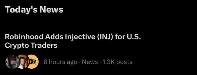 A 'Today's News' section displaying the headline 'Robinhood Adds Injective (INJ) for U.S. Crypto Traders' posted 8 hours ago in the News category.