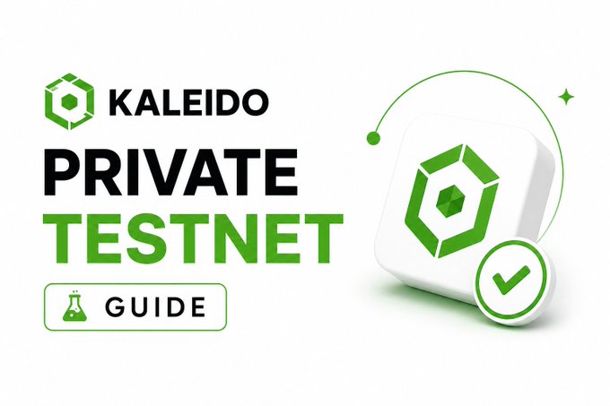 The image is a promotional graphic featuring the Kaleido logo alongside bold text reading "PRIVATE TESTNET" and a "GUIDE" button with a flask icon, visually introducing a tutorial for accessing Kaleido's Private Testnet early access as mentioned in the post about their AI-native operating system for autonomous onchain finance. A green checkmark icon reinforces the confirmation of rewards and free access highlighted in the accompanying message.