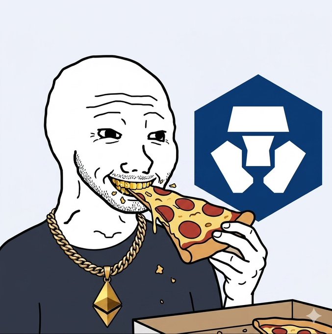 The image features a cartoon depiction of a man eating pizza, with a blue hexagon logo in the background that reads "@cryptocom was gonna list $WOJAK 0x8de39b057cc6522230ab19c0205080a8663331ef". The post is about cryptocurrency and mentions that @cryptocom was going to list $WOJAK.