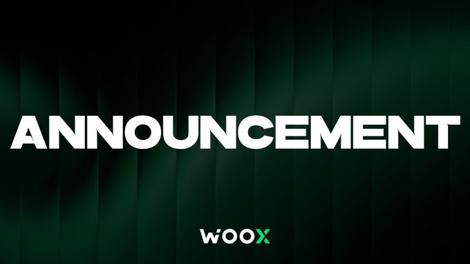 A dark green announcement banner with bold white text reading 'ANNOUNCEMENT' and the 'WOO X' logo at the bottom.