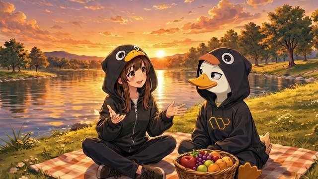 The image features two cartoon characters, a girl and a duck, sitting together on a blanket near water. They are surrounded by various fruits such as apples and oranges. The scene appears to be set during sunset or sunrise, creating a warm and serene atmosphere.