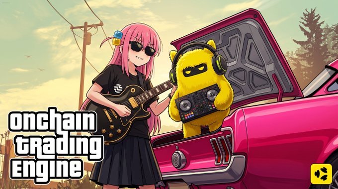 A pink-haired anime girl with sunglasses plays a Les Paul-style guitar next to a yellow mascot wearing headphones and holding a DJ mixer, posed beside the open trunk of a pink classic car, with the bold text "onchain trading Engine" displayed at the bottom left.

The image ties into the post's milestone announcement by branding Decibel Trade as an "onchain trading Engine"—the relaxed, creative duo (musician and DJ) visually reinforce the "heads down building" energy and the steady, rock-steady growth (+4 months, $4B volume, 50+ markets, up to 20x leverage) celebrated across crypto, commodity, equity, and index ETF perps on Aptos.